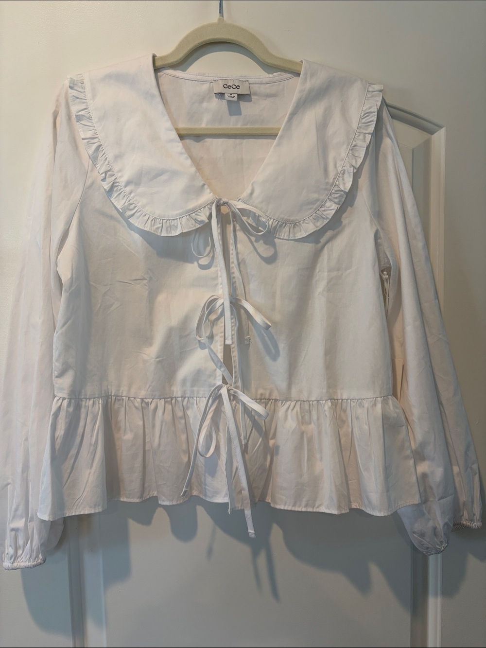 CeCe White Ruffle Peter Pan Collar Tie-Front Peplum Blouse Romantic Feminine M - Picture 6 of 6